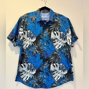 Robert Graham Brookcrest Short Sleeve Plus Size 2XL Blue & Black Cotton Leaves